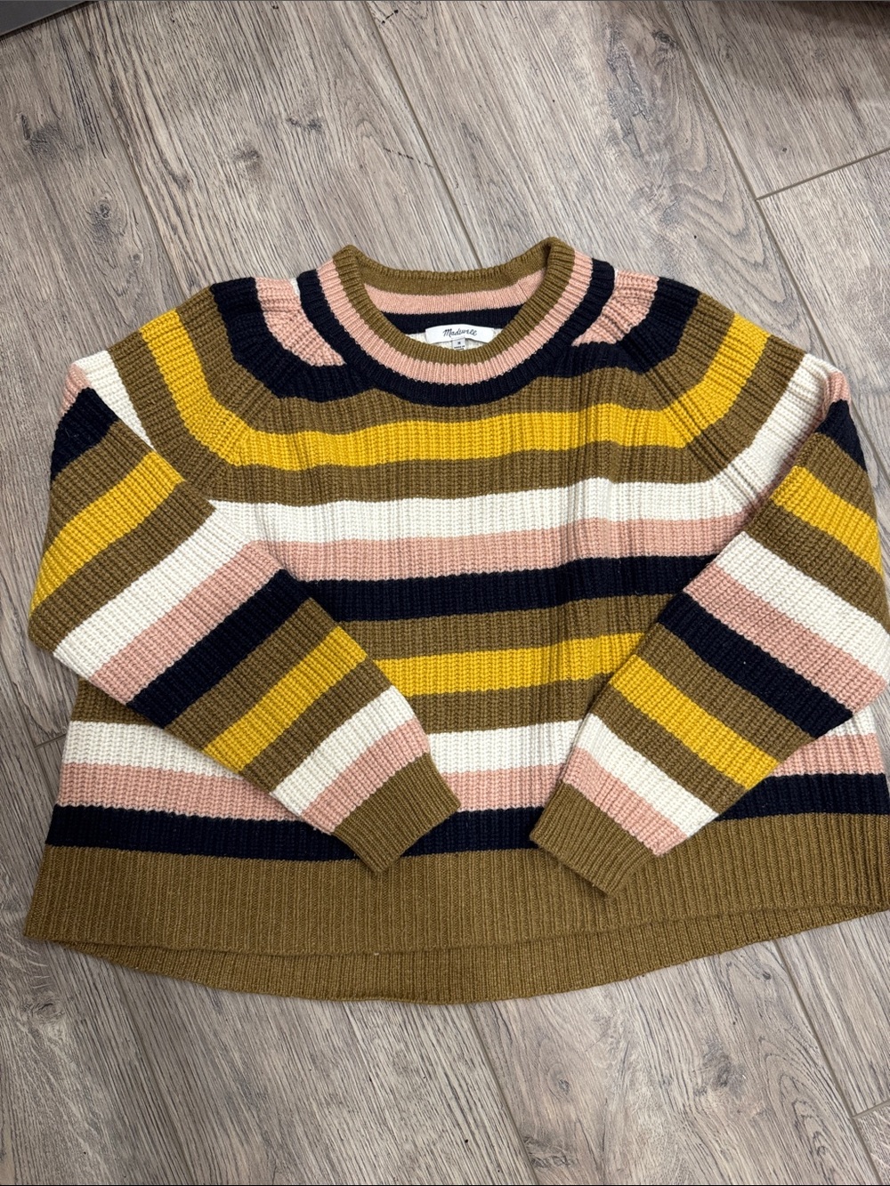 Madewell Striped Ribbed Crewneck Sweater in Mustard, Pink & Navy